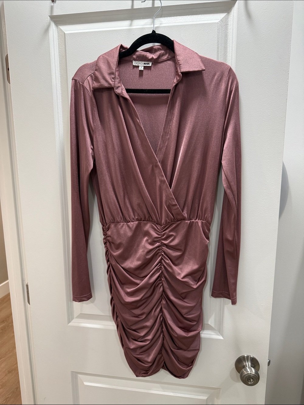 Fashion Nova Dusty Rose Ruched Wrap-Front Long Sleeve Dress